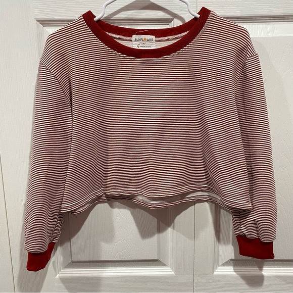 ROMWE Women’s Striped Long-Sleeve Crop Crewneck Pullover Top - red/white, size M - Picture 2 of 5
